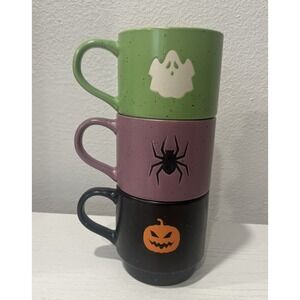 (3) Boston Warehouse Halloween Ghost Spider Pumpkin Stoneware‎ Stackable Mug Set